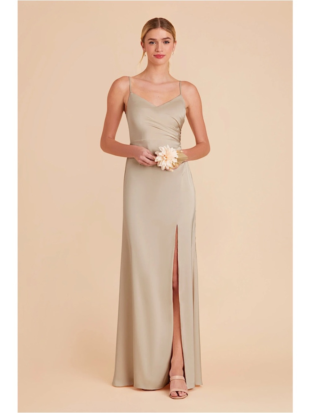 Birdy Grey Catherine Matte Satin Formal Maxi Dress Neutral Champagne Slit XS